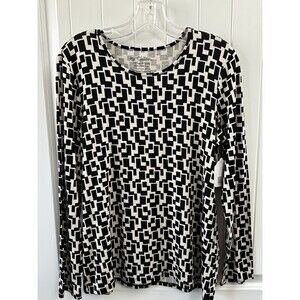 Chicos Black and Cream Abstract Print Pullover Round Neck LS Womens Top Size 1
